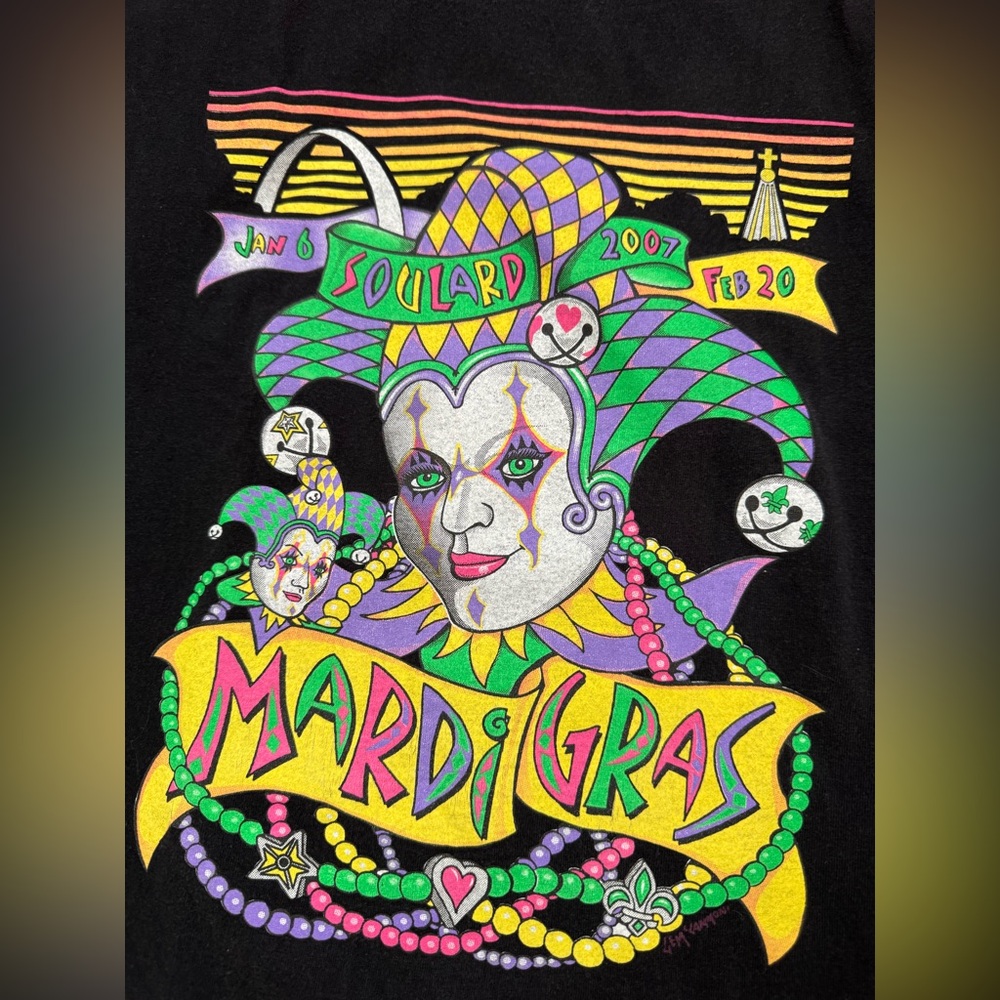 Mardi Gras Y2K Soulard 2007 Black Faded Grunge Long Sleeve T-Shirt Size XL Party